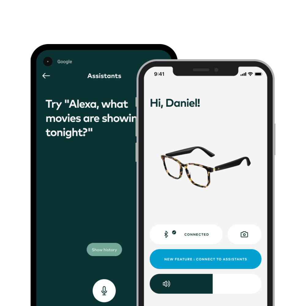 Vue Lite App interface on smartphone screen showing Bluetooth smart glasses connection